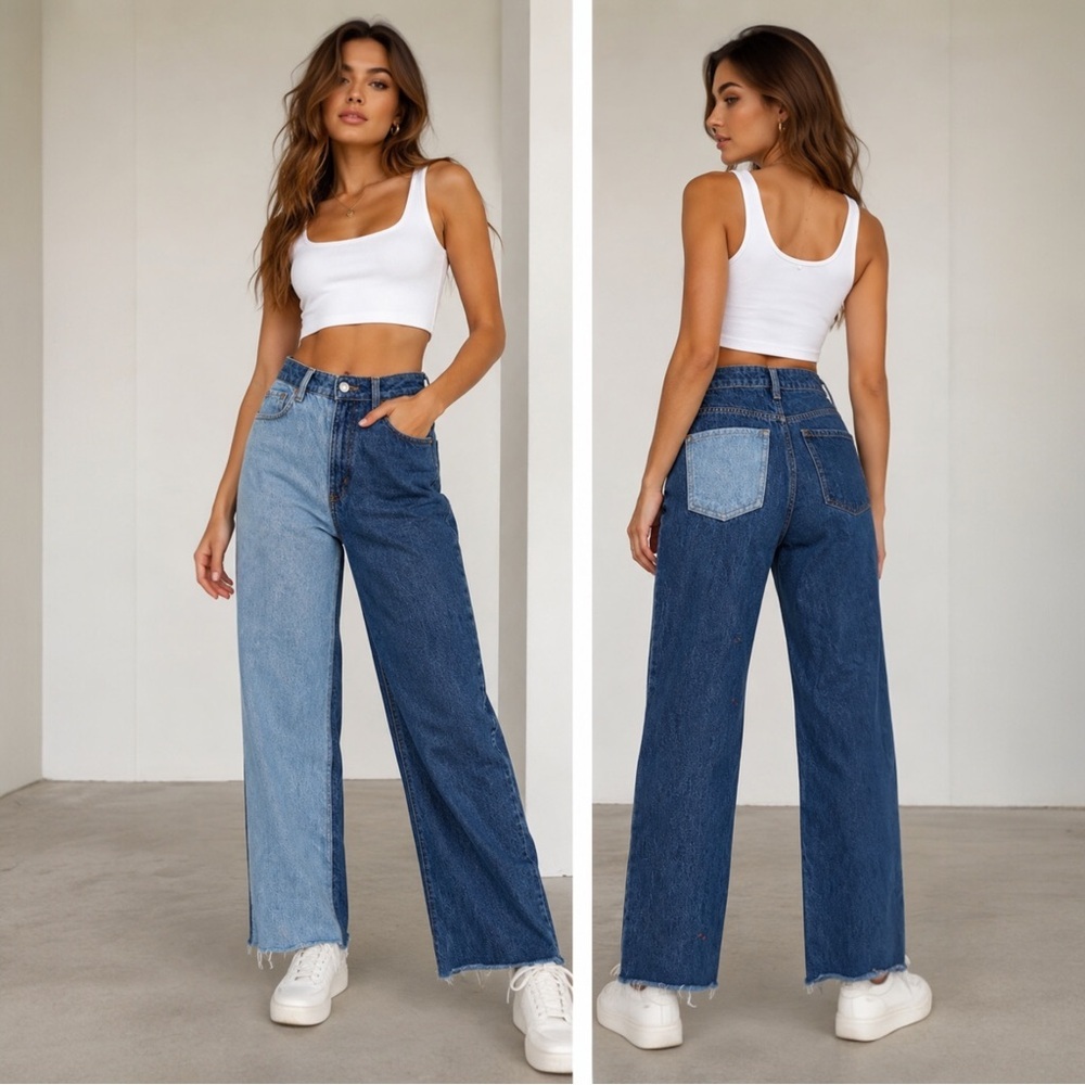 Zara Two Tone Colorblock Wide Leg Jeans Womens Size 4 High Rise Raw Hem Denim - Picture 1 of 7